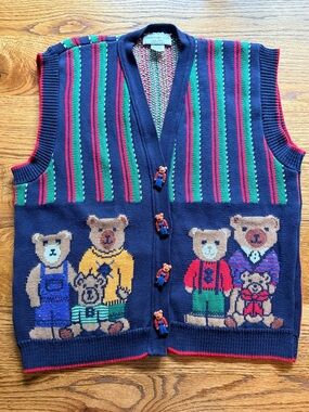 Vintage Teddy Bear Woven Vest - Navy, Green & Red- Made in USA- teacher